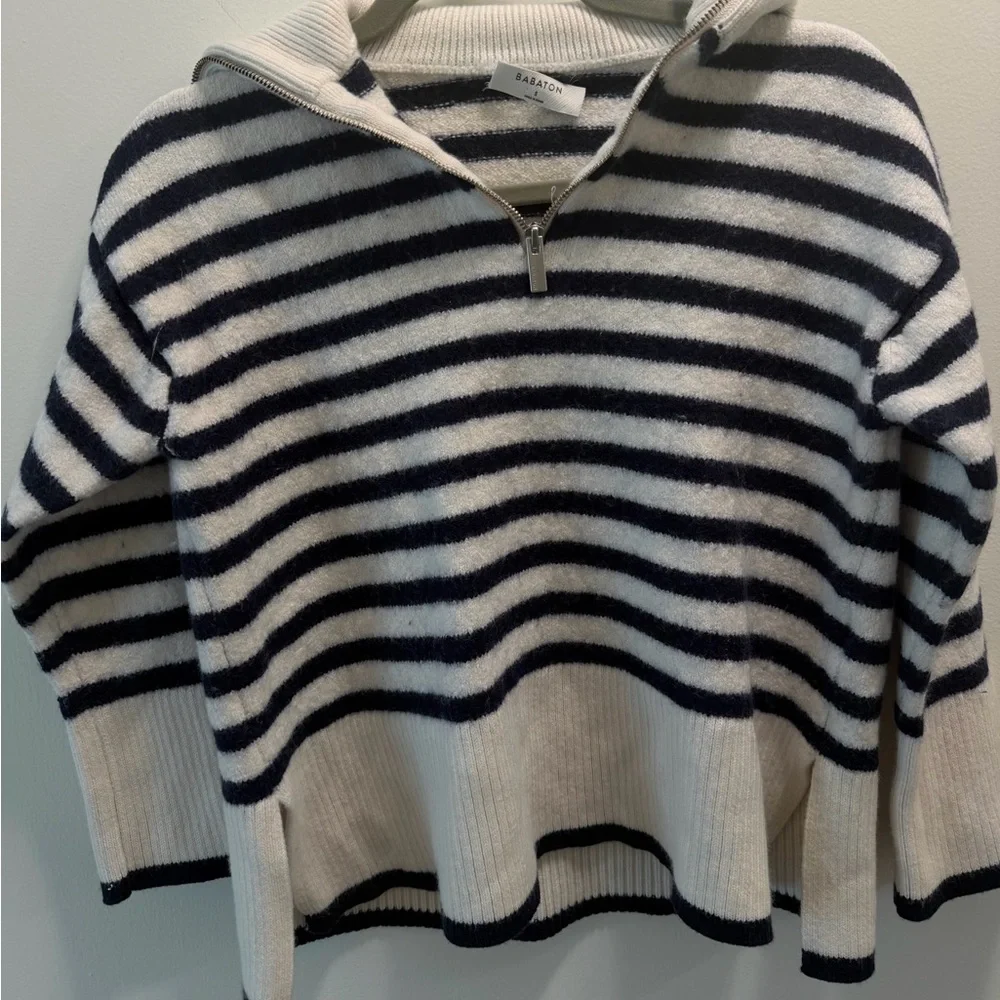 Babaton Aritzia Merino Wool Striped Half Zip Sweater Small Navy Cream